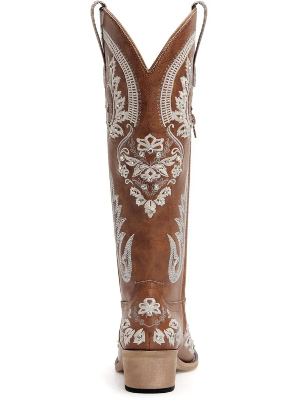 Women's Brown Knee High Embroidered Rhinestones Chunky Heel Tall Boots